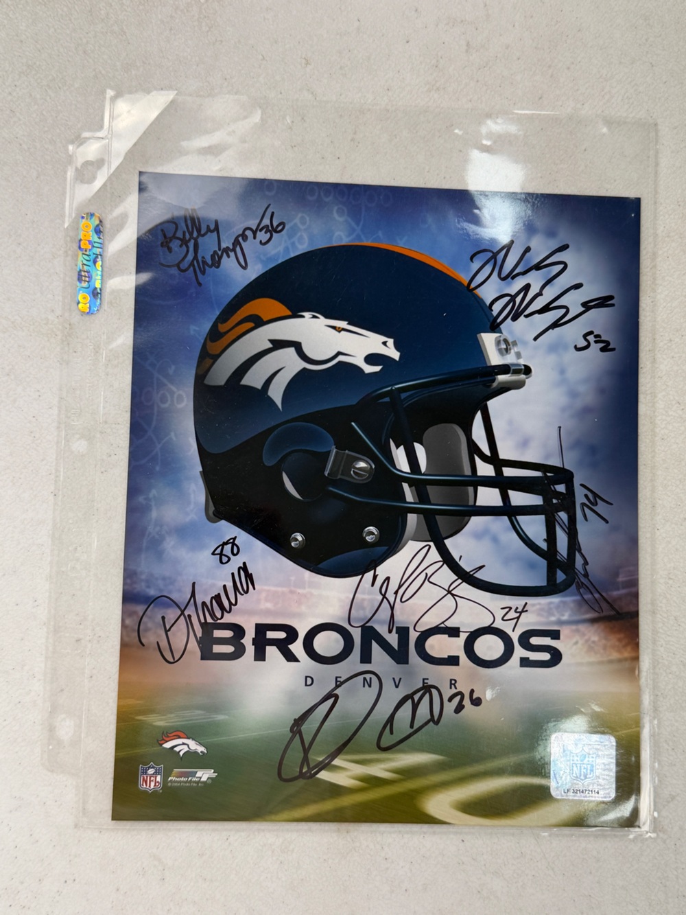 Broncos Signed Helmet Wall Art - Blue
Demaryius Thomas, Billy Thompson, Etc